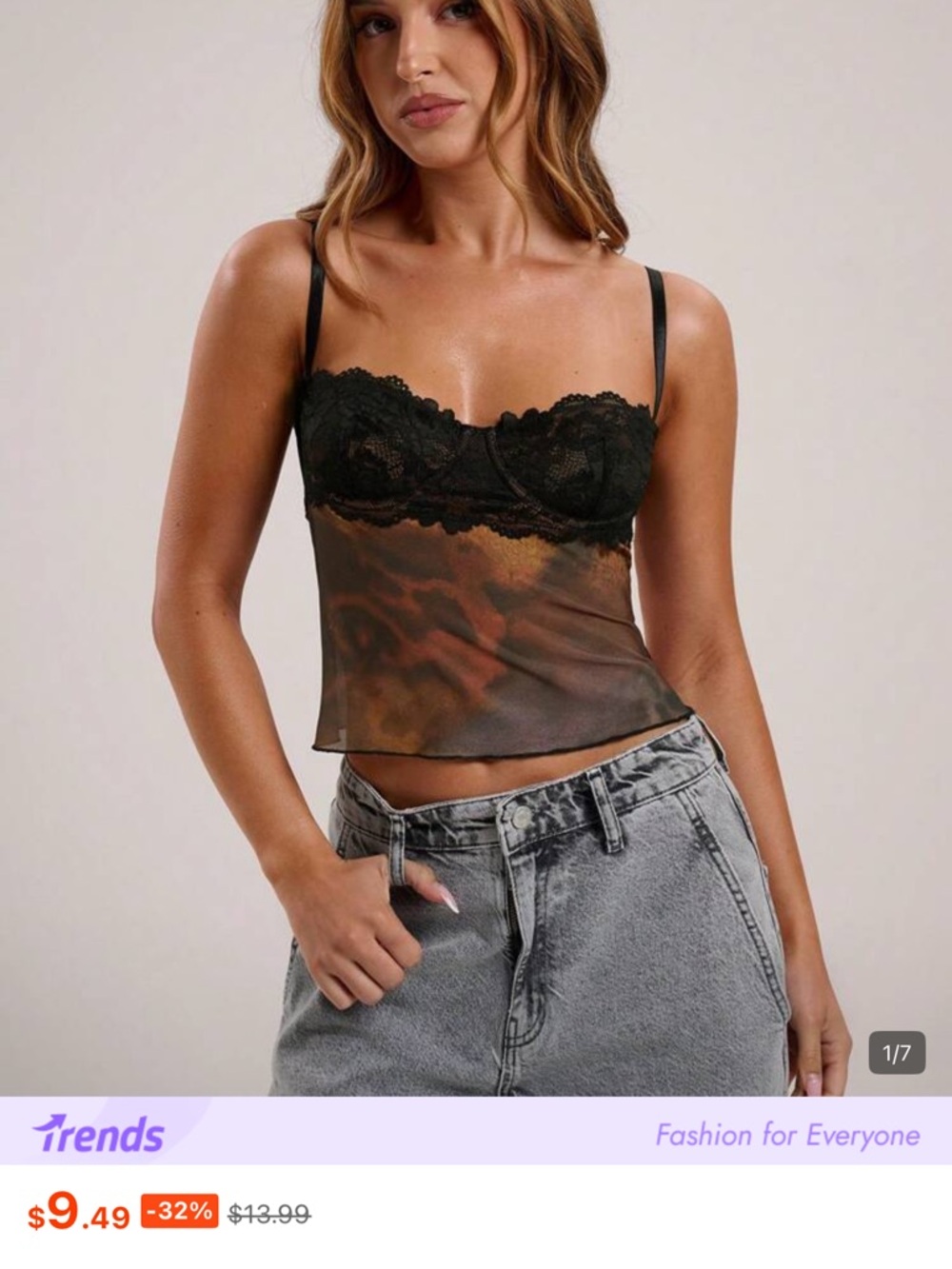 SHEIN Black Lace Trim Brown Tie-Dye Mesh Crop Cami